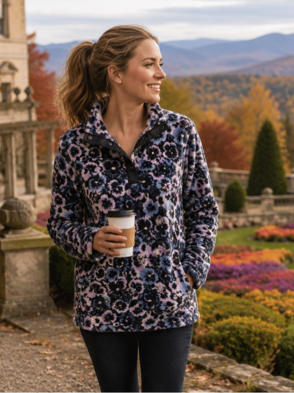 Vera Bradley Sporty Fleece Snap-Collar Pullover Plum Pansies‎ Floral XS Womens